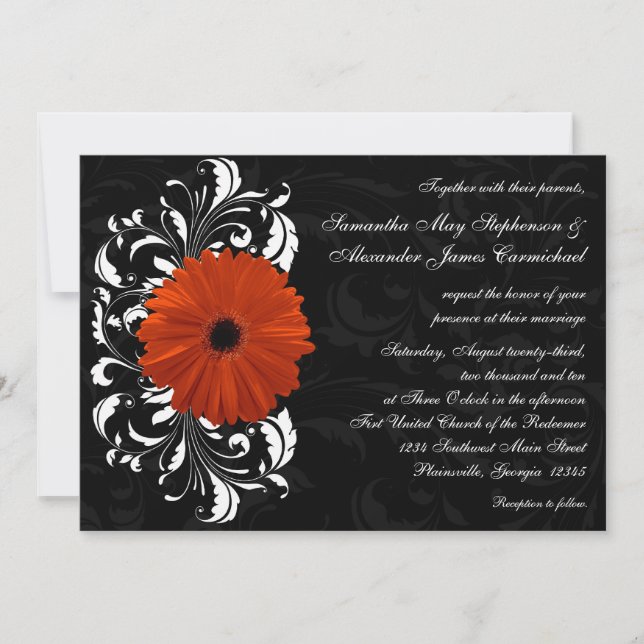 Invitación Naranja Gerbera Daisy con pergamino blanco y negro (Anverso)