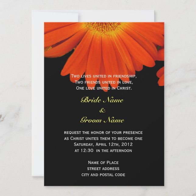 Invitación Naranja gerbera daisy flor boda cristiano (Anverso)