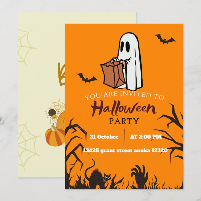 Invitación naranja Ghost Halloween Cumpleaños (Anverso / Reverso)