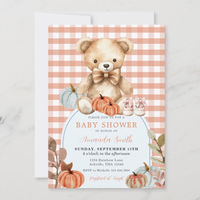 Invitación Naranja Gingham Bear Pumpkin Shoes Baby Shower (Anverso)