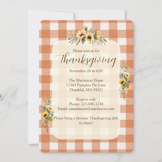 Invitación Naranja Gingham Fall Sunflower Floral Acción de Gr (Anverso)