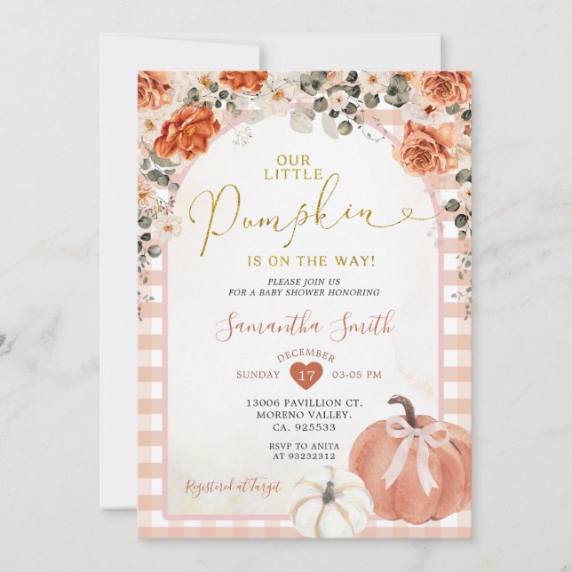 Invitación Naranja Gingham Floral Pumpkin Otoño Baby Shower (Anverso)