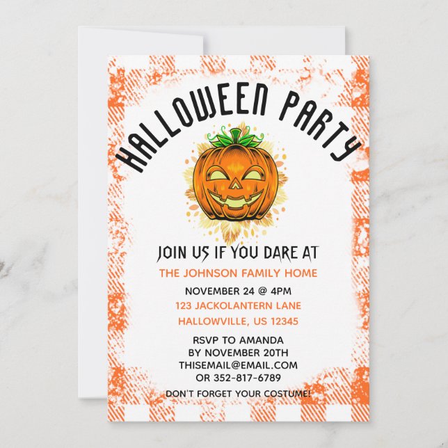 Invitación Naranja Gingham Jackolantern Halloween personaliza (Anverso)