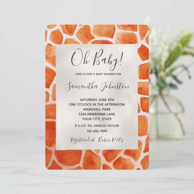Invitación Naranja Giraffe Animal (Anverso de pie)