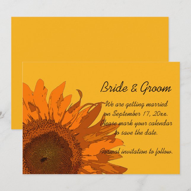 Invitación Naranja girasol en boda amarilla salva la fecha (Anverso / Reverso)