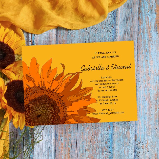 Invitación Naranja girasol en Boda amarillo (Invite guests to your summer or fall marriage with the Orange Sunflower Wedding Invitation.)