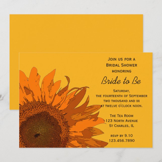 Invitación Naranja girasol en ducha de novia amarilla (Anverso / Reverso)