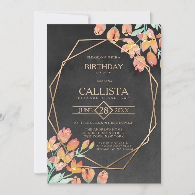 Invitación Naranja Gold Black Floral Terrarium Fiesta de cump (Anverso)