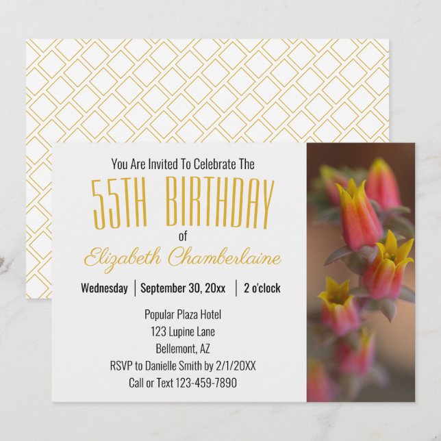 Invitación Naranja Gold Floral Succulent 55th Birthday Party (Anverso / Reverso)