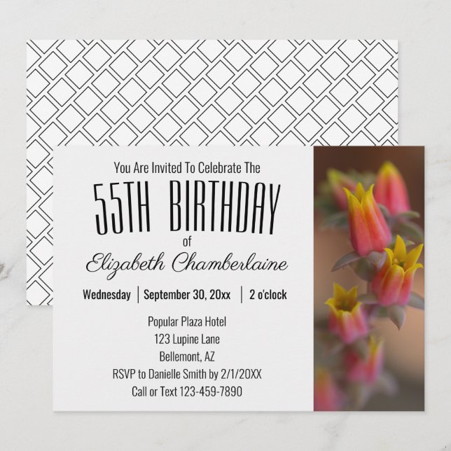 Invitación Naranja Gold Floral Succulent 55th Birthday Party (Anverso / Reverso)