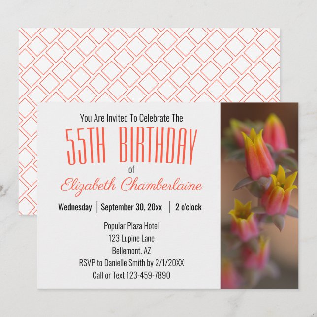 Invitación Naranja Gold Floral Succulent 55th Birthday Party (Anverso / Reverso)