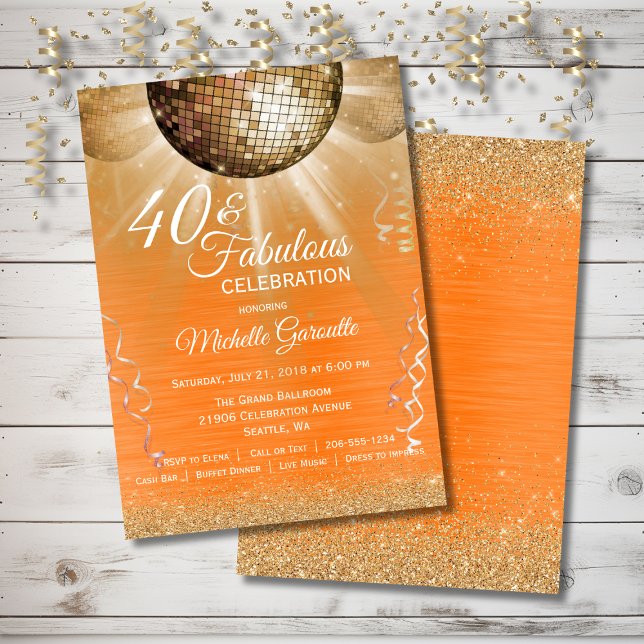 Invitación Naranja Gold Glam 40 y Fabulous Disco Birthday (Orange Gold Glam 40 and Fabulous Disco Birthday Invitation)