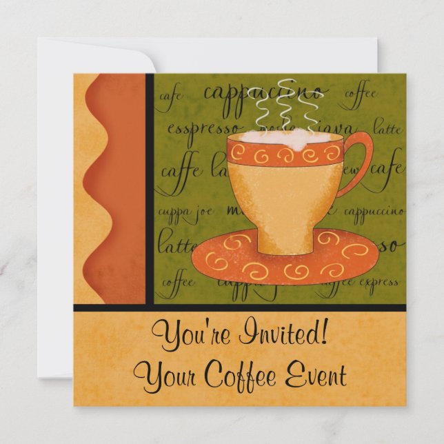 Invitación Naranja Gold Green Coffee Cup Art Custom Name (Anverso)