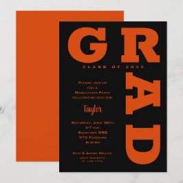 Invitación Naranja GRAD en negrita sobre graduación negra
