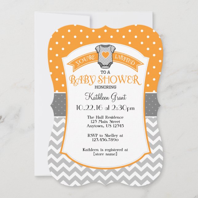 Invitación Naranja Gray Polka Dot Chevron Baby Shower invitac (Anverso)