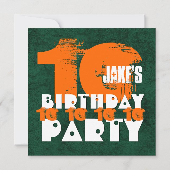 Invitación NARANJA GREEN 10º cumpleaños V02C1 de 10 años (Anverso)