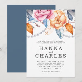 Invitación Naranja gris azul turbio acuarela Boda floral