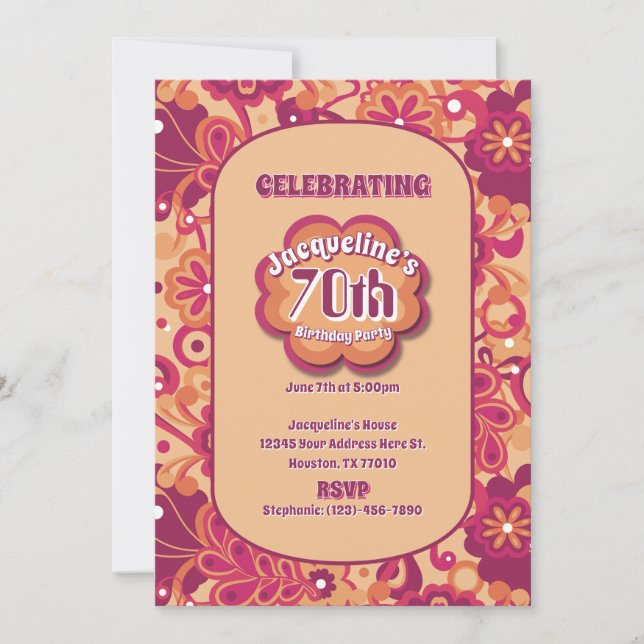 Invitación Naranja Groovy Psicodélico 60 70 Floral Cumpleaños (Anverso)