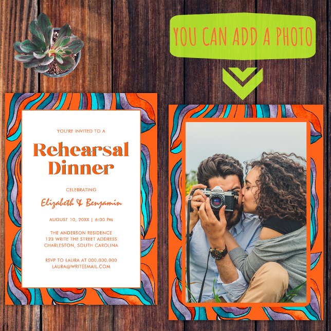 Invitación Naranja Groovy Retro Boda fotográfico ensayo Cena (Front and Back)