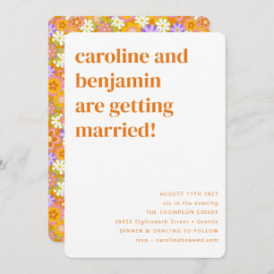 Invitación Naranja Groovy Retro Flores Todo En Un Boda