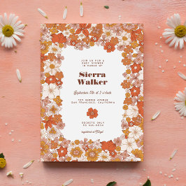 Invitación Naranja Groovy Retro Hippie Floral Rosa Baby Showe