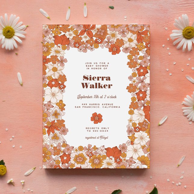 Invitación Naranja Groovy Retro Hippie Floral Rosa Baby Showe (Subido por el creador)