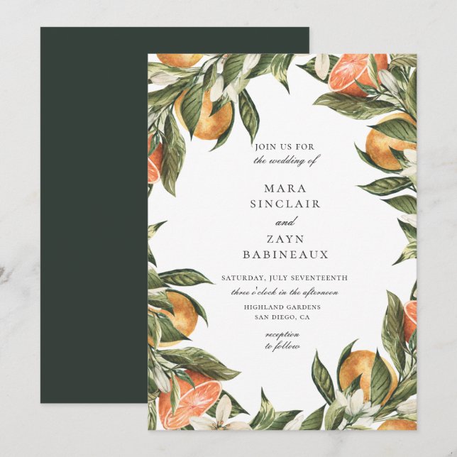 Invitación Naranja Grove Boda de marco de cítricos botánicos (Anverso / Reverso)