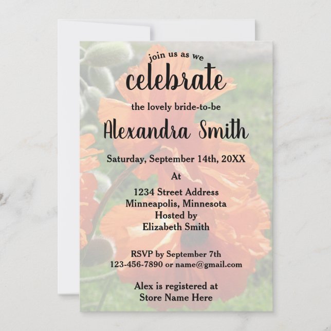 Invitación Naranja Harvest Moon Oriental Poppies Bridal Showe (Anverso)