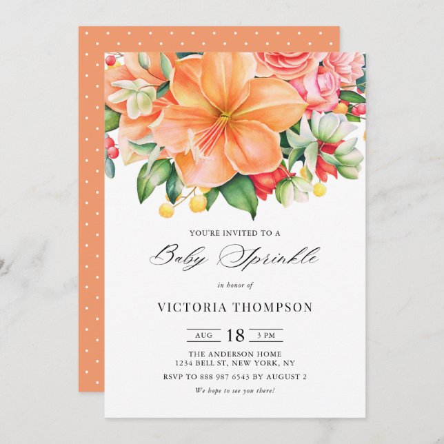 Invitación Naranja Hibiscus Suculum Tropical Baby Sprinkle (Anverso / Reverso)