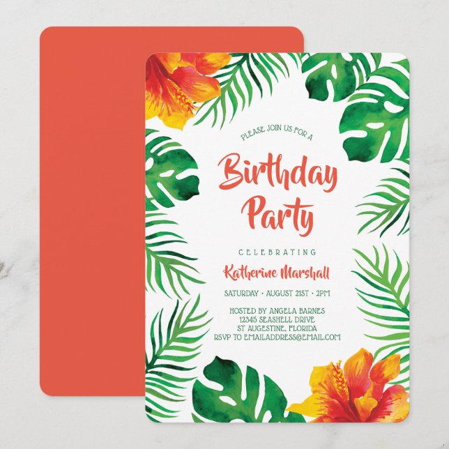 Invitación Naranja Hibiscus Tropical deja partido de cumpleañ (Anverso / Reverso)