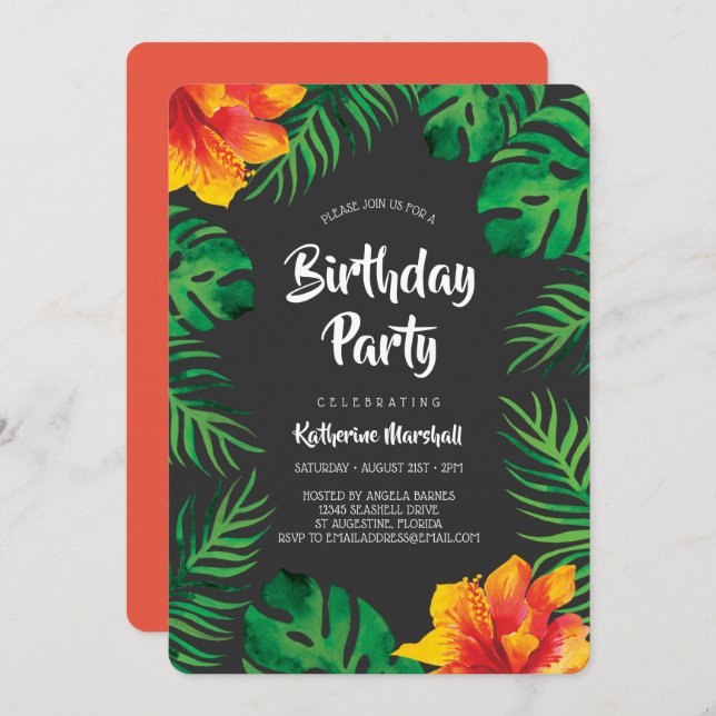 Invitación Naranja Hibiscus Tropical deja partido de cumpleañ (Anverso / Reverso)