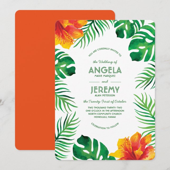 Invitación Naranja Hibiscus y hojas tropicales 2 Boda (Anverso / Reverso)