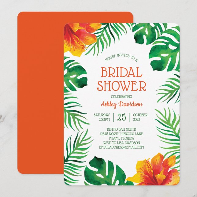 Invitación Naranja Hibiscus y Tropical Leaves Británicas (Anverso / Reverso)