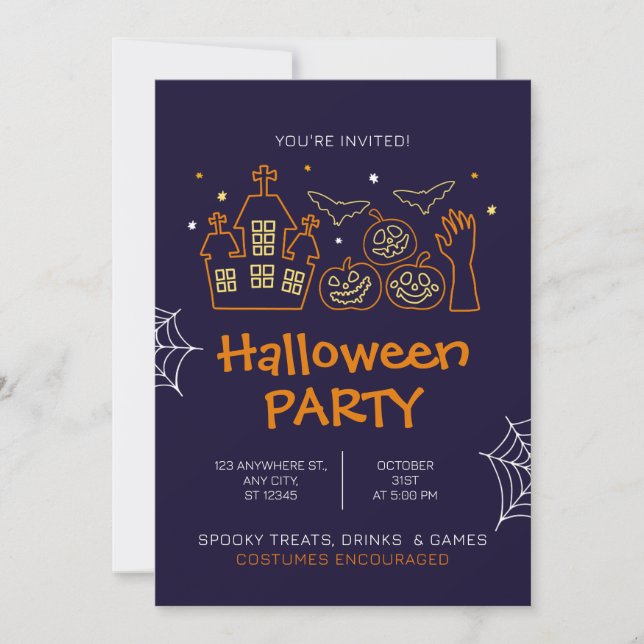 Invitación Naranja ilustrativo Fiesta de disfraces de Hallowe (Anverso)