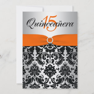 Invitación Naranja IMPRESO RIBBON Plata Quinceanera Negra