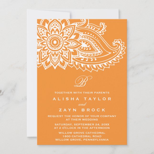 Invitación Naranja indio Paisley Boda (Anverso)