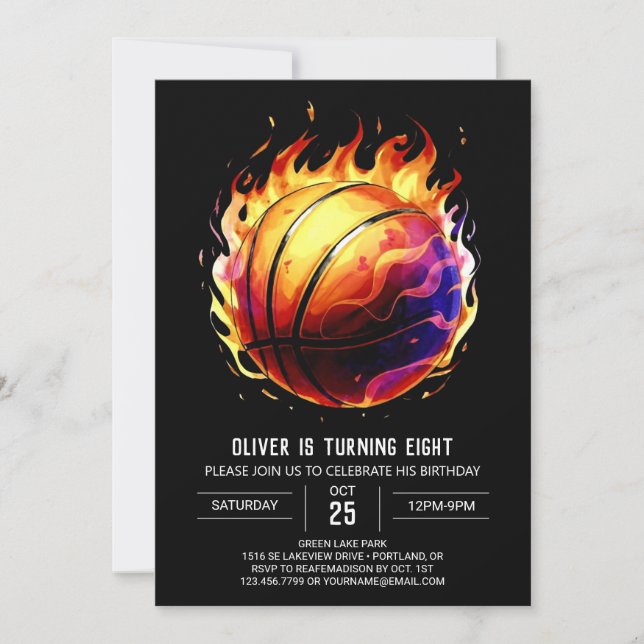 Invitación Naranja infantil encantado cumpleaños de básquetbo (Anverso)