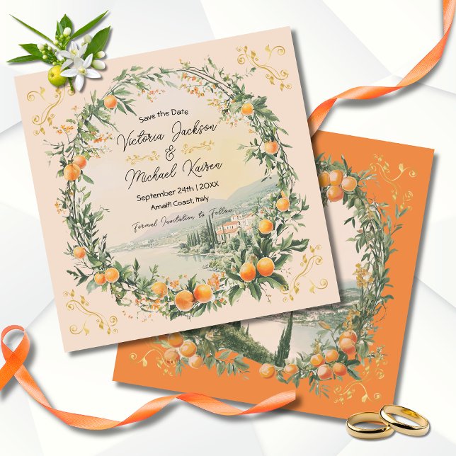 Invitación Naranja italiano Amalfi Costa floral Guardar fecha (Subido por el creador)