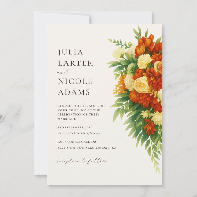 Invitación Naranja italiano de la puesta de sol Boda de flore (Anverso)