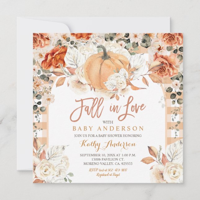 Invitación Naranja Ivory Calabaza Baby Shower se enamora (Anverso)