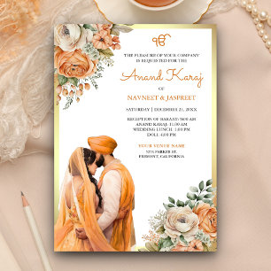Invitación Naranja Ivory Floral Anand Karaj Sikh Boda