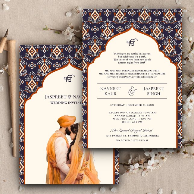 Invitación Naranja Ivory Ikat Punjabi Anand Karaj Sikh Boda (Subido por el creador)