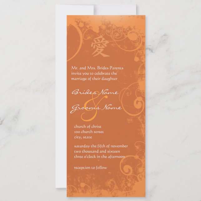 Invitación Naranja Kanji Love Swirl Boda (Anverso)