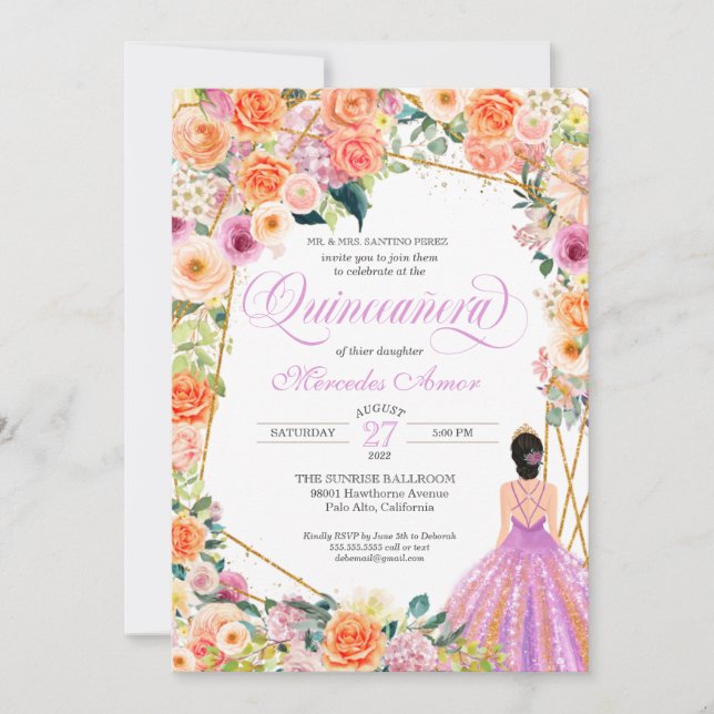 Invitación Naranja Lavender Peach Floral Rosas Quinceanera (Anverso)