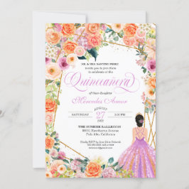 Invitación Naranja Lavender Peach Floral Rosas Quinceanera