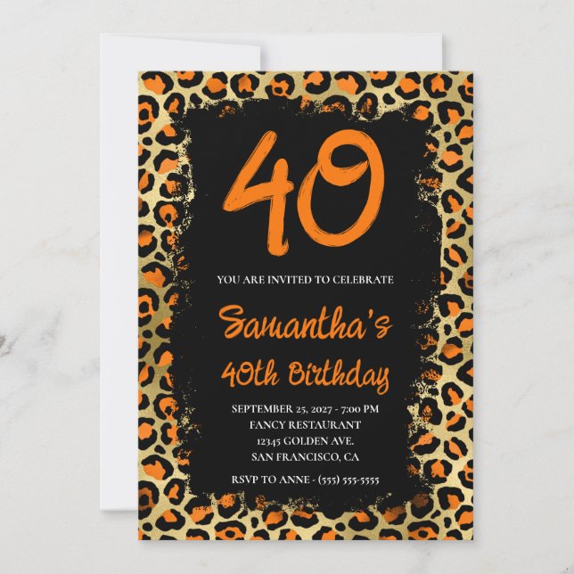 Invitación Naranja Leopardo de oro pintado negro 40 cumpleaño (Anverso)