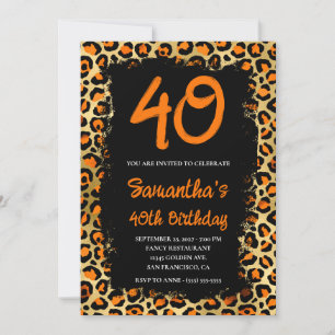 Invitación Naranja Leopardo de oro pintado negro 40 cumpleaño