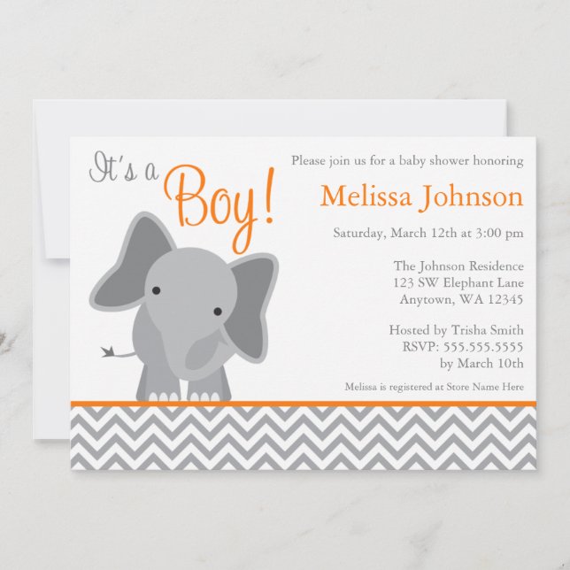 Invitación Naranja lindo Baby Shower de Chevron del elefante (Anverso)