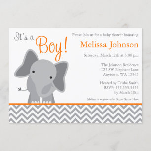 Invitación Naranja lindo Baby Shower de Chevron del elefante