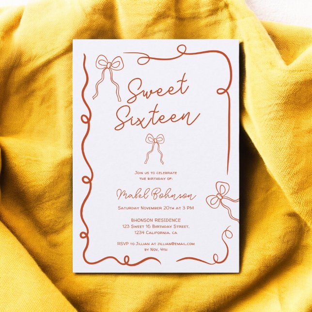Invitación Naranja lindo dobla cintas ilustraciones Dulce 16 (Burnt Orange cute bows ribbons illustrations Sweet 16 Invitation)
